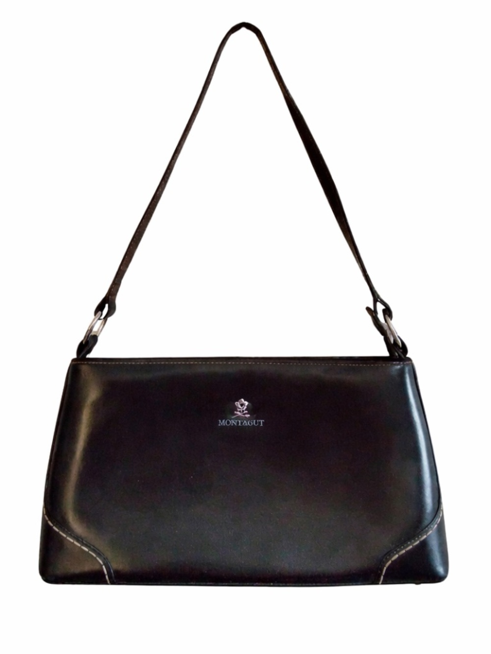 Vintage 90s Montagut Paris Black Leather Shoulder Bag Silver Flower Emblem – EUC